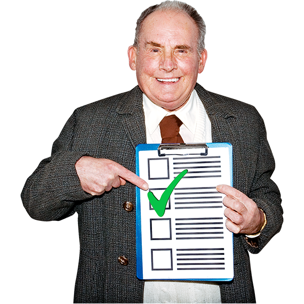 A smiling man with clipboard and a checklist with a tick.